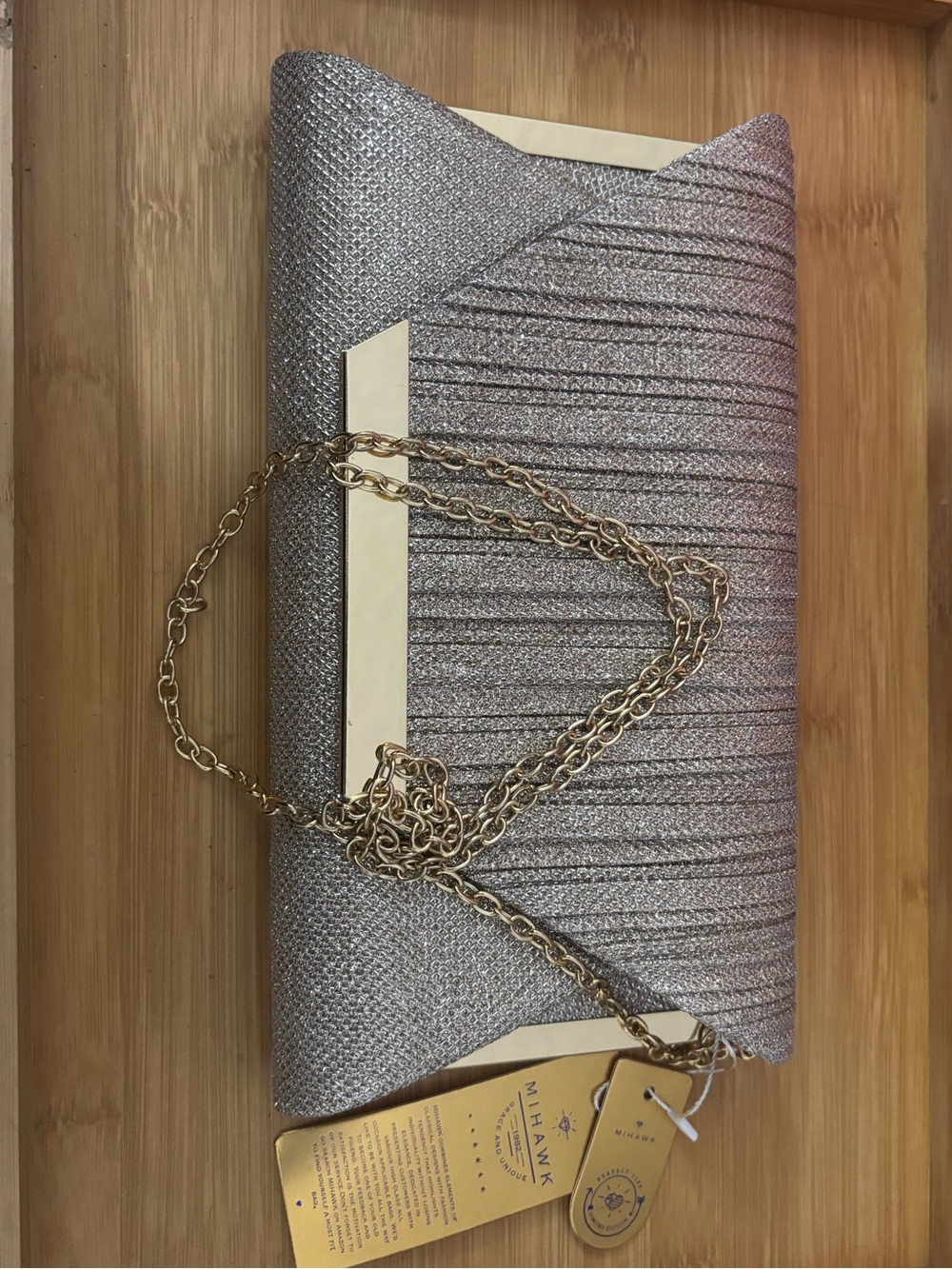Tony Hawk Silver Glitter Envelope Clutch with Gold Chain